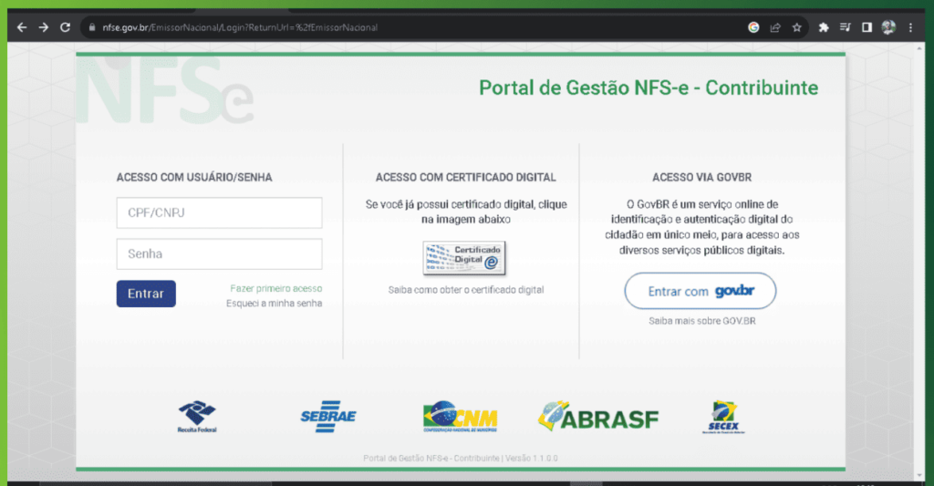 Página Inicial Portal Nota Fiscal MEI