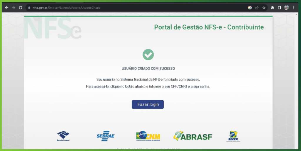 Sucesso no cadastro da Emissão de Nota Fiscal MEI